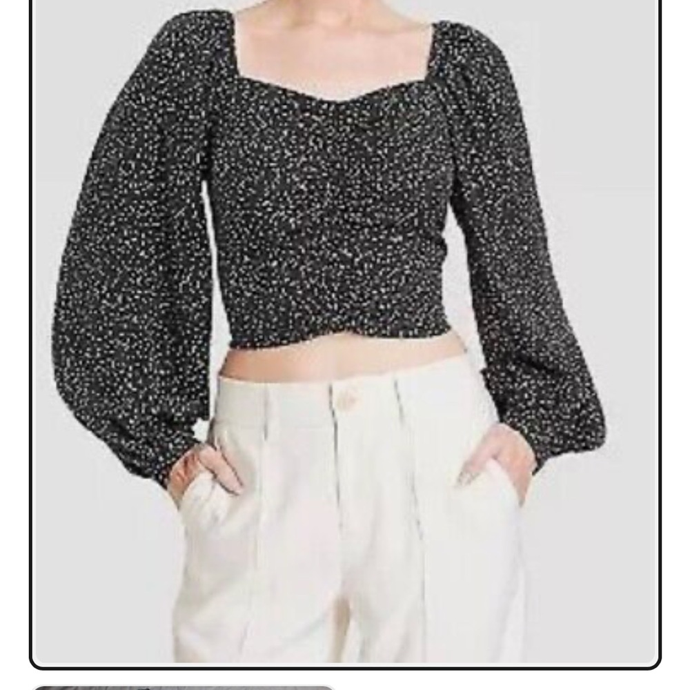 Women's Long Balloon Sleeve Slim Fit Ruched Front Top - A New Day Black/White M